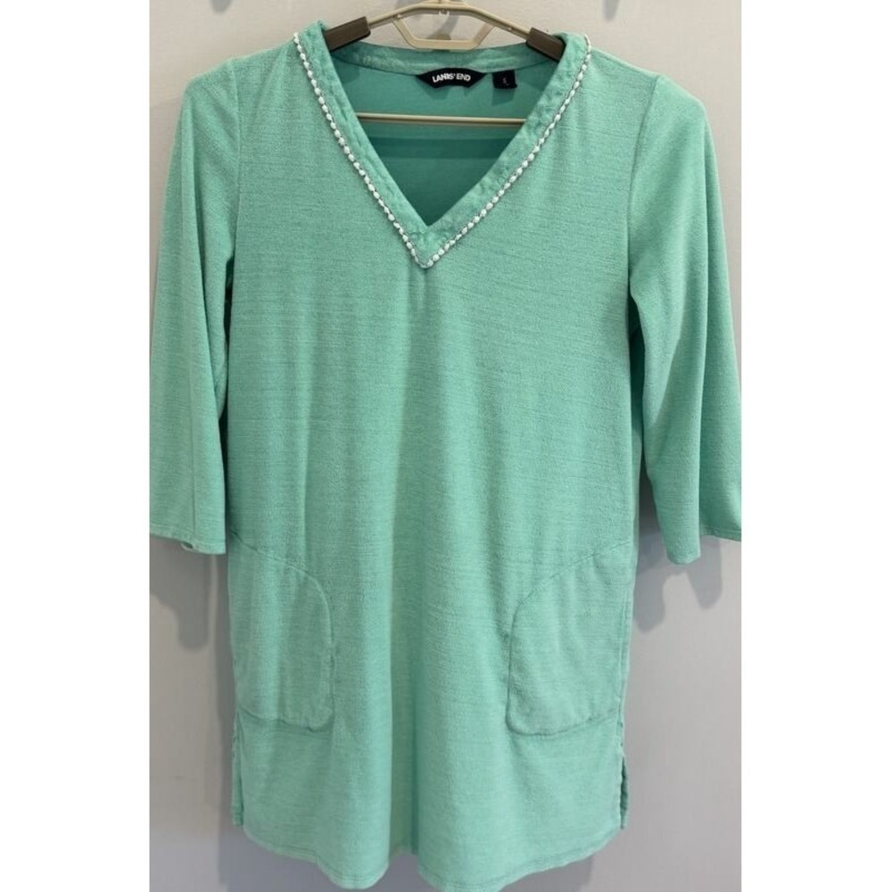 Lands End Womens V Neck Terry Swimsuit Cover Up Dress Green White Trim Size S 6